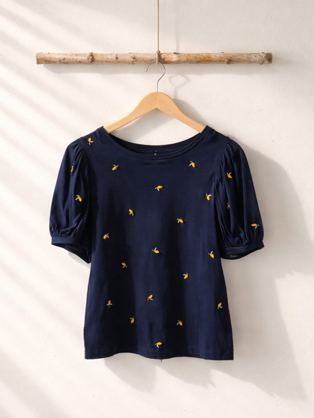 LOFT Navy Embroidered Puff Sleeve Top XS Lemon Print Pima Cotton Modal
